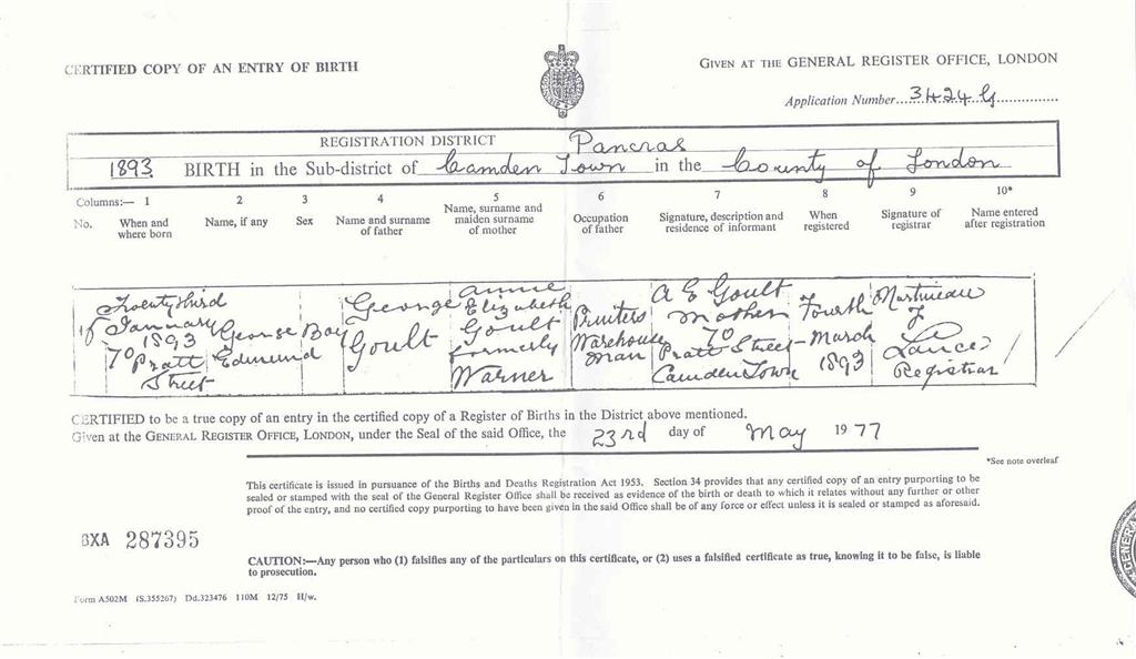 Goult, George Edmund - 1893 - Birth Certificate